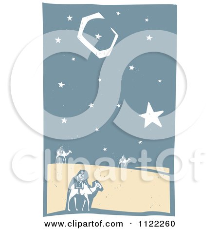 Clipart Of Woodcut Wise Men On Camels In The Desert - Royalty Free Vector Illustration by xunantunich