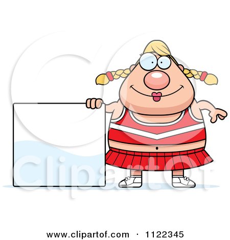 Cartoon Of A Chubby Blond Cheerleader With A Sign - Royalty Free Vector Clipart by Cory Thoman