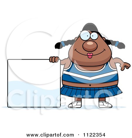 Cartoon Of A Chubby Black Cheerleader With A Sign - Royalty Free Vector Clipart by Cory Thoman