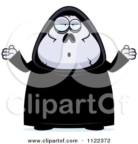 Cartoon Of A Careless Shrugging Chubby Grim Reaper - Royalty Free Vector Clipart by Cory Thoman