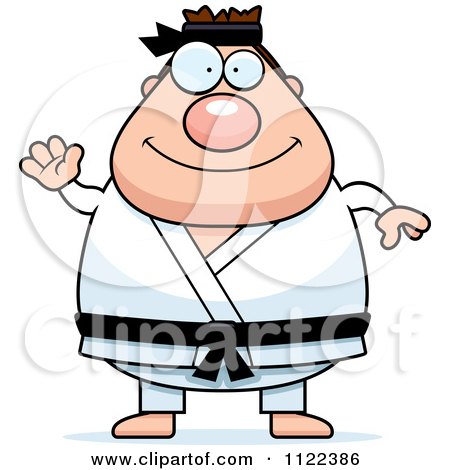 Cartoon Of A Waving Chubby Black Belt Karate Man - Royalty Free Vector Clipart by Cory Thoman