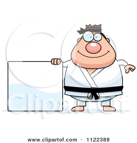 Cartoon Of A Chubby Black Belt Karate Man With A Sign - Royalty Free Vector Clipart by Cory Thoman