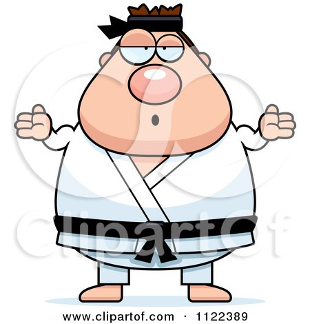 Cartoon Of A Careless Shrugging Chubby Black Belt Karate Man - Royalty Free Vector Clipart by Cory Thoman