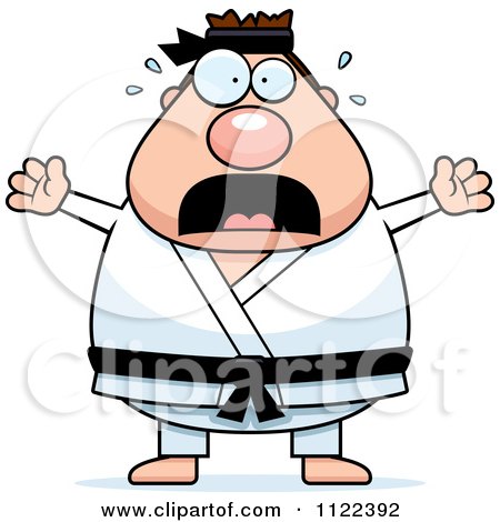 Cartoon Of A Scared Chubby Black Belt Karate Man - Royalty Free Vector Clipart by Cory Thoman