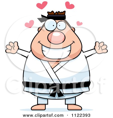 Cartoon Of A Chubby Black Belt Karate Man With Open Arms - Royalty Free Vector Clipart by Cory Thoman