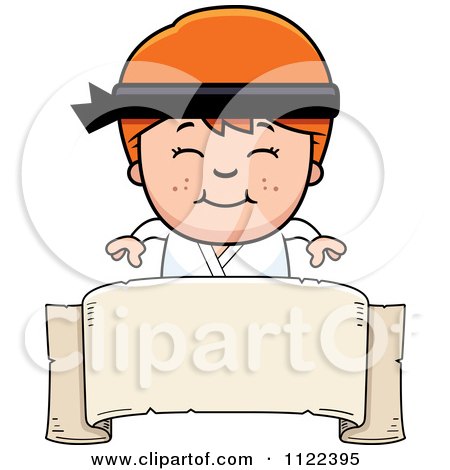 Cartoon Of A Happy Red Haired Martial Arts Karate Boy Over A Banner Sign - Royalty Free Vector Clipart by Cory Thoman