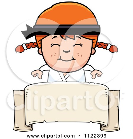 Cartoon Of A Happy Red Haired Martial Arts Karate Girl Over A Banner Sign - Royalty Free Vector Clipart by Cory Thoman