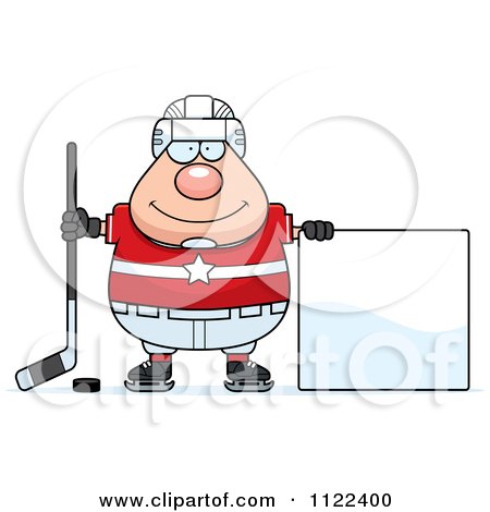 Cartoon Of A Chubby Hockey Player Man With A Sign - Royalty Free Vector Clipart by Cory Thoman