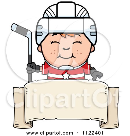 Cartoon Of A Happy Red Haired Hockey Boy Over A Banner Sign - Royalty Free Vector Clipart by Cory Thoman