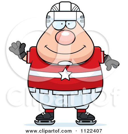 Cartoon Of A Waving Chubby Hockey Player Man - Royalty Free Vector Clipart by Cory Thoman