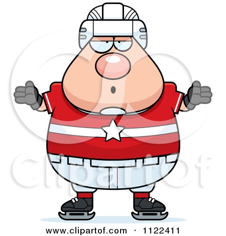 Cartoon Of A Careless Shrugging Chubby Hockey Player Man - Royalty Free Vector Clipart by Cory Thoman