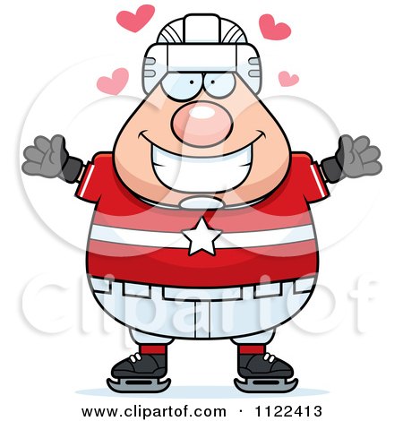 Cartoon Of A Chubby Hockey Player Man With Open Arms - Royalty Free Vector Clipart by Cory Thoman