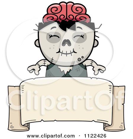 Cartoon Of A Happy Zombie Boy Over A Banner Sign - Royalty Free Vector Clipart by Cory Thoman