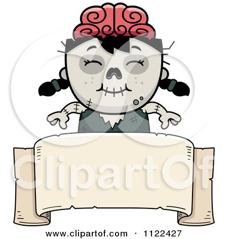 Cartoon Of A Happy Zombie Girl Over A Banner Sign - Royalty Free Vector Clipart by Cory Thoman