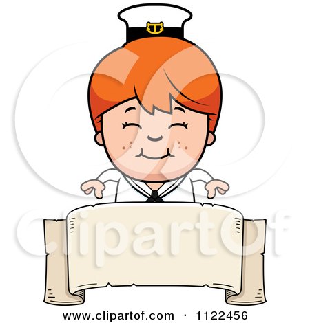 Cartoon Of A Happy Red Haired Sailor Boy Over A Banner Sign - Royalty Free Vector Clipart by Cory Thoman