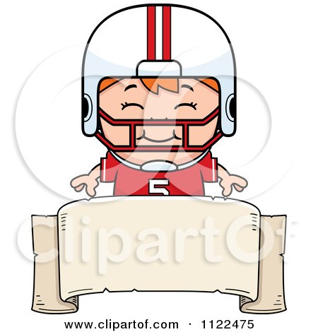Cartoon Of A Happy Red Haired Football Player Boy Over A Banner Sign - Royalty Free Vector Clipart by Cory Thoman