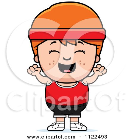 Cartoon Of A Happy Red Haired Fitness Gym Boy Cheering - Royalty Free Vector Clipart by Cory Thoman