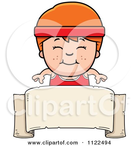 Cartoon Of A Happy Red Haired Fitness Gym Boy Over A Banner Sign - Royalty Free Vector Clipart by Cory Thoman