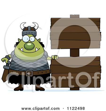 Cartoon Of A Chubby Ogre Man With A Wood Sign - Royalty Free Vector Clipart by Cory Thoman