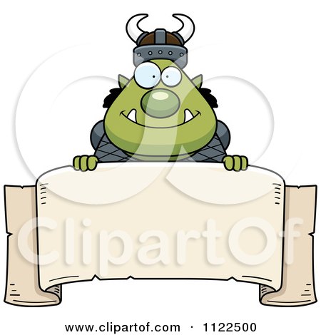 Cartoon Of A Chubby Ogre Man Over A Banner Sign - Royalty Free Vector Clipart by Cory Thoman