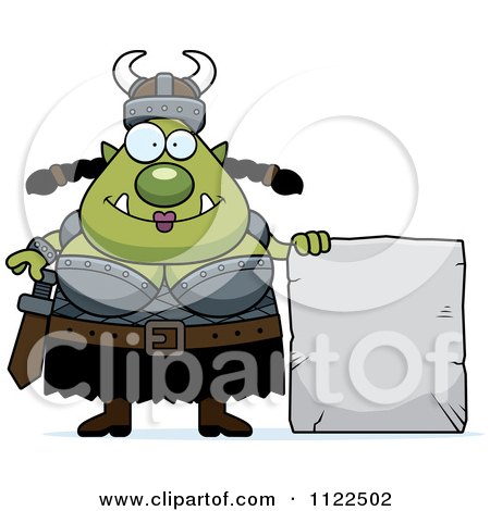 Cartoon Of A Chubby Ogre Woman With A Stone Sign - Royalty Free Vector Clipart by Cory Thoman