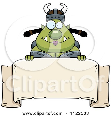 Cartoon Of A Chubby Ogre Woman Over A Banner Sign - Royalty Free Vector Clipart by Cory Thoman