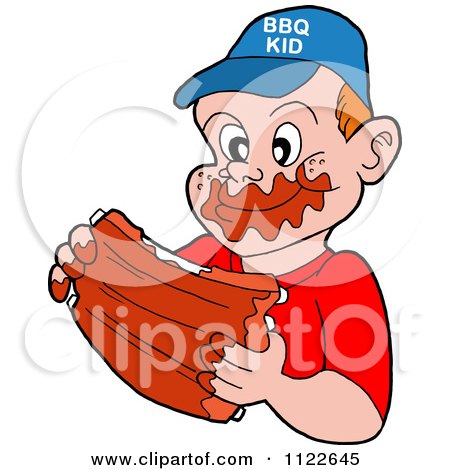 Cartoon Of A Happy Boy Eating Messy Bbq Ribs - Royalty Free Vector Clipart by LaffToon