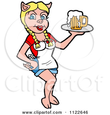 Cartoon Of A Pig Waitress Serving Beer - Royalty Free Vector Clipart by LaffToon