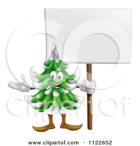 Clipart Of A Happy Christmas Or Evergreen Tree Mascot Holding A Sign - Royalty Free Vector Illustration by AtStockIllustration