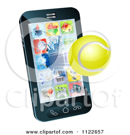 Clipart Of A 3d Tennis Ball Flying Through And Breaking A Cell Phone Screen - Royalty Free Vector Illustration by AtStockIllustration