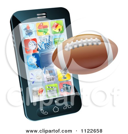 Clipart Of A 3d Football Flying Through And Breaking A Cell Phone Screen - Royalty Free Vector Illustration by AtStockIllustration