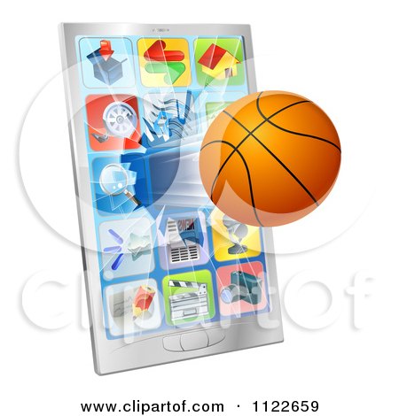 Clipart Of A 3d Basketball Flying Through And Breaking A Cell Phone Screen - Royalty Free Vector Illustration by AtStockIllustration