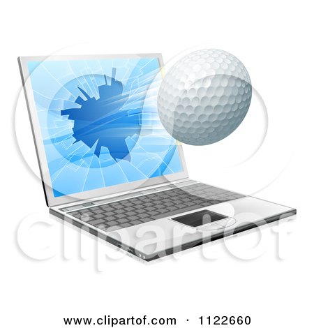 Clipart Of A Golf Ball Flying Through And Shattering A 3d Laptop Screen - Royalty Free Vector Illustration by AtStockIllustration