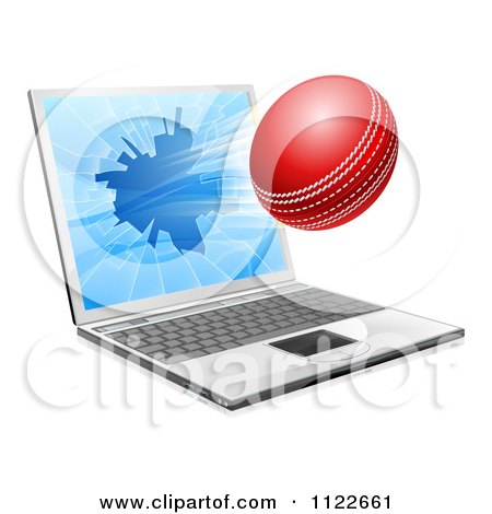Clipart Of A Cricket Ball Flying Through And Shattering A 3d Laptop Screen - Royalty Free Vector Illustration by AtStockIllustration
