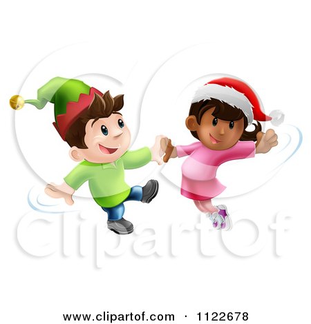 Clipart Of Happy Children Wearing Hats And Dancing To Christmas Music - Royalty Free Vector Illustration by AtStockIllustration