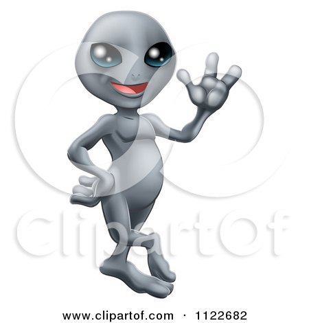 Clipart Of A Friendly Gray Alien Waving Hello - Royalty Free Vector Illustration by AtStockIllustration