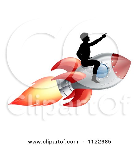 Clipart Of A Silhouetted Man Pointing And Riding On A Rocket - Royalty Free Vector Illustration by AtStockIllustration