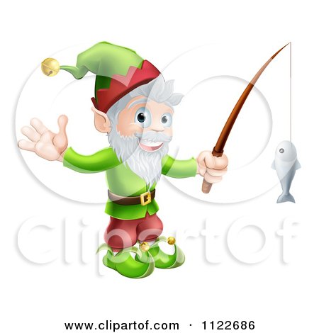 Clipart Of A Happy Christmas Elf Waving And Fishing - Royalty Free Vector Illustration by AtStockIllustration