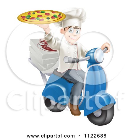 Clipart Of A Happy Pizza Delivery Chef Holding Up A Pie On A Scooter - Royalty Free Vector Illustration by AtStockIllustration