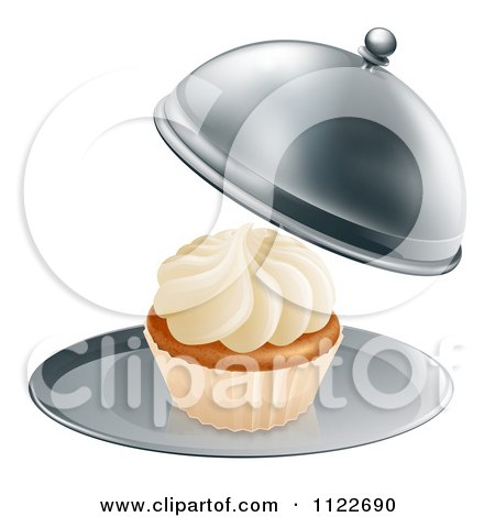Clipart Of A 3d Cloche Platter With A Cupcake - Royalty Free Vector Illustration by AtStockIllustration