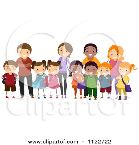 Cartoon Of Happy Diverse School Kids And Their Parents - Royalty Free Vector Clipart by BNP Design Studio