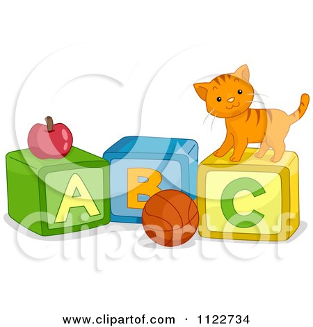 Cartoon Of A Ccute Kitten Apple And Basketball With Abc Blocks - Royalty Free Vector Clipart by BNP Design Studio