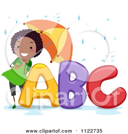 Cartoon Of A Happy Black Girl With An Umbrella Over ABC - Royalty Free Vector Clipart by BNP Design Studio