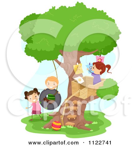 Cartoon Of Happy Diverse School Children Playing At A Tree House - Royalty Free Vector Clipart by BNP Design Studio