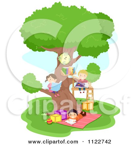 Cartoon Of Happy Diverse School Children Reading At A Tree House - Royalty Free Vector Clipart by BNP Design Studio