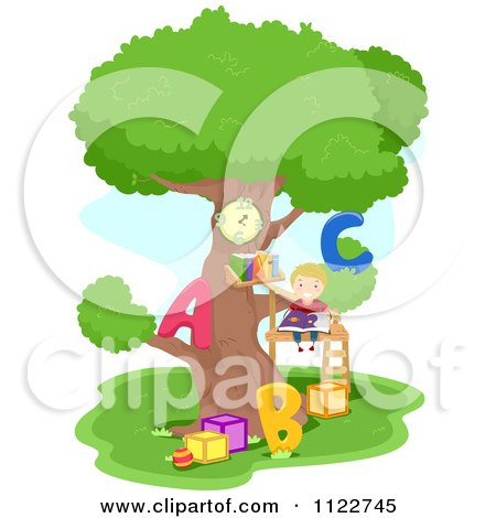 Cartoon Of A Happy Boy Reading A Book In A Tree House - Royalty Free Vector Clipart by BNP Design Studio