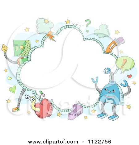 Cartoon Of A Frame Of Doodled Robots And A Worm In An Apple - Royalty Free Vector Clipart by BNP Design Studio
