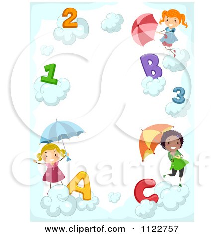 Cartoon Of A Border Of Children With Letters Numbers And Umbrellas In Clouds - Royalty Free Vector Clipart by BNP Design Studio