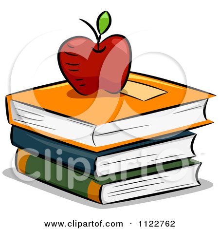 Cartoon Of An Apple Atop Books - Royalty Free Vector Clipart by BNP Design Studio