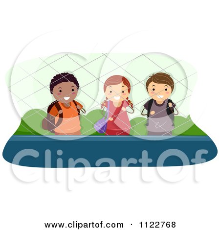 Cartoon Of Happy Diverse School Children In A Fenced Area - Royalty Free Vector Clipart by BNP Design Studio